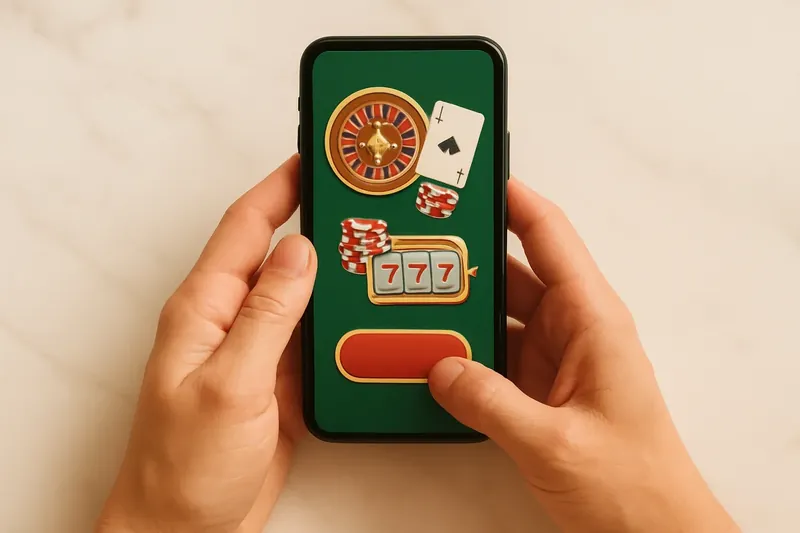 Close-up hands holding smartphone with casino app on marble surface