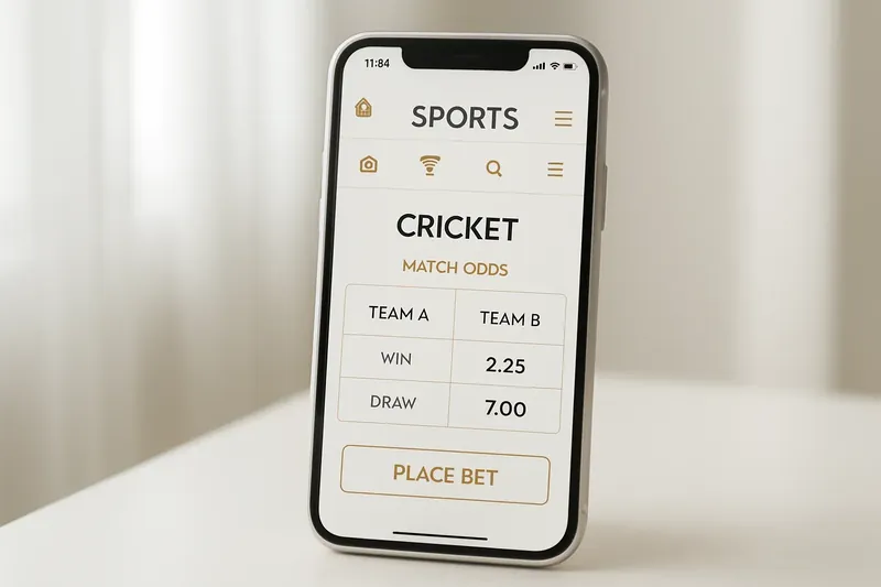 Modern phone mockup showing cricket match betting odds in white and gold UI