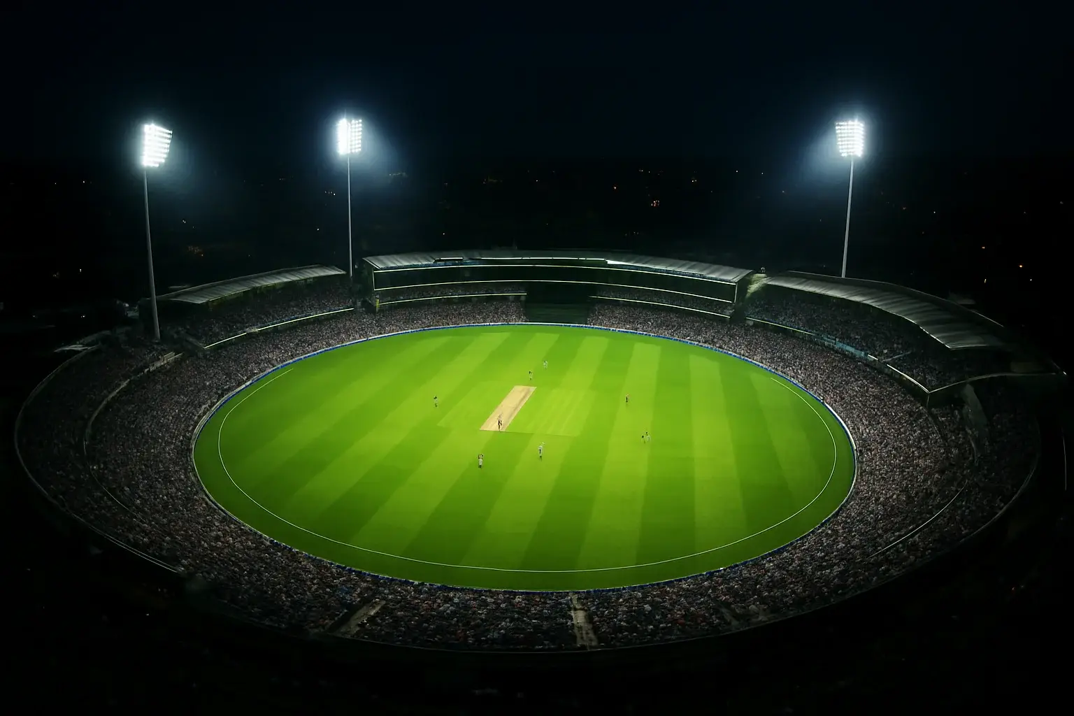 Aerial night view of cricket stadium with floodlights and vibrant green pitch