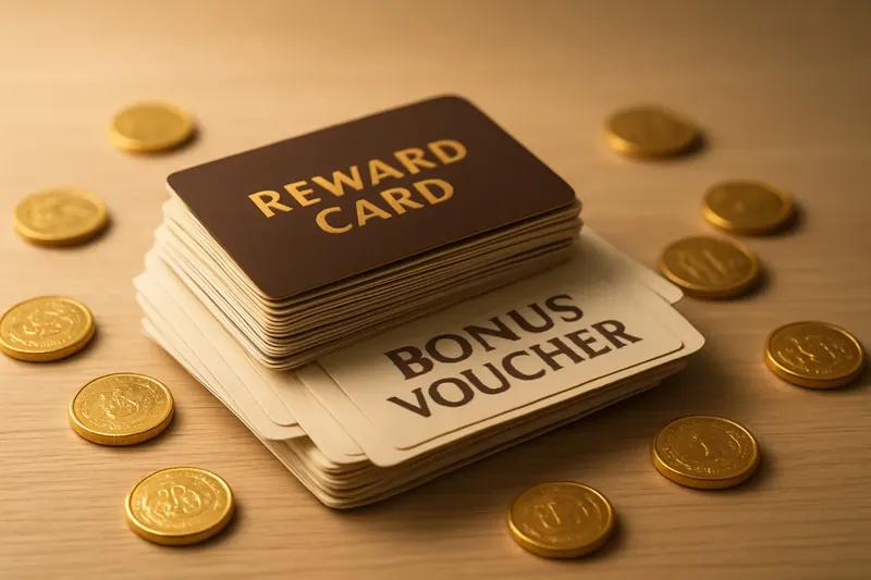 Stack of casino bonus vouchers and reward cards with gold coins