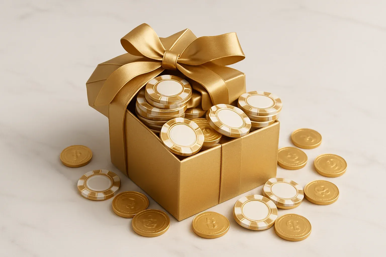 Golden gift box overflowing with poker chips and gold coins