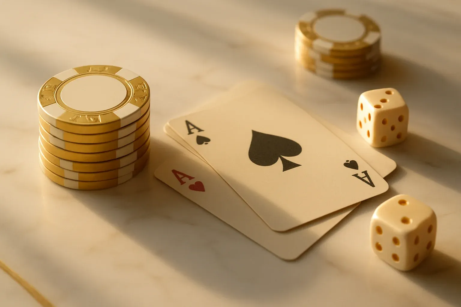 Elegant casino chips, cards and dice on white marble with gold accents