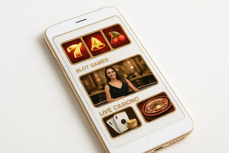 Mobile phone showing casino app with slots and live games