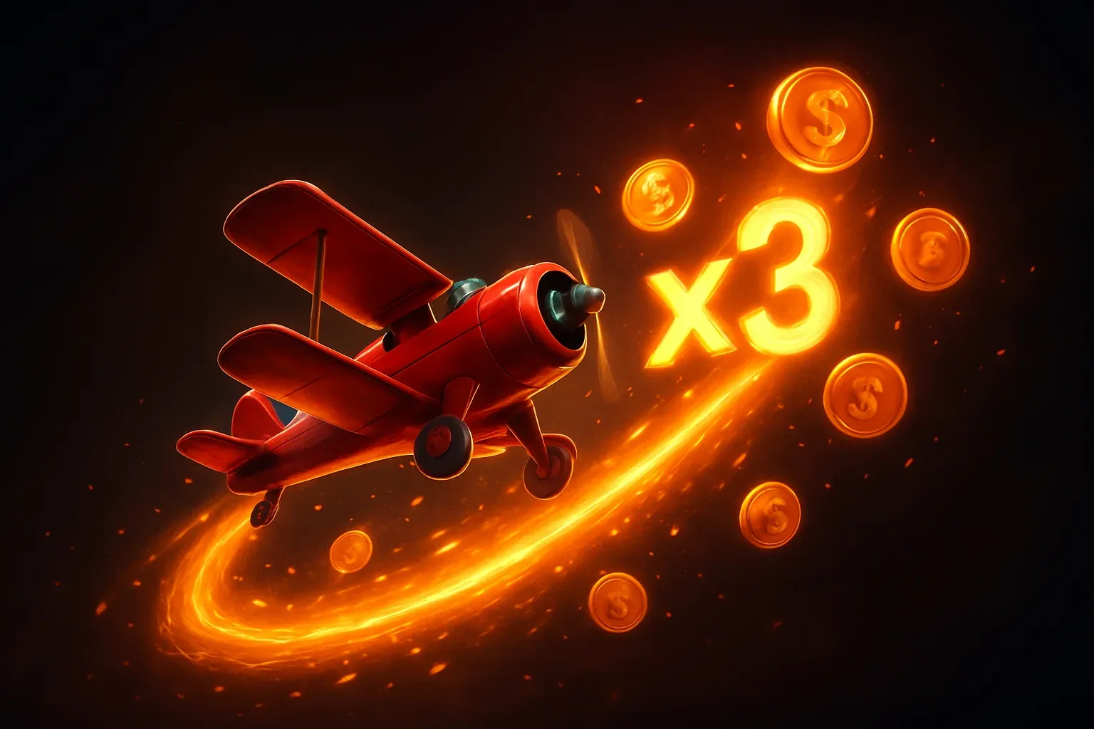 Red airplane climbing with glowing multiplier trail, coins, sparks, neon accents