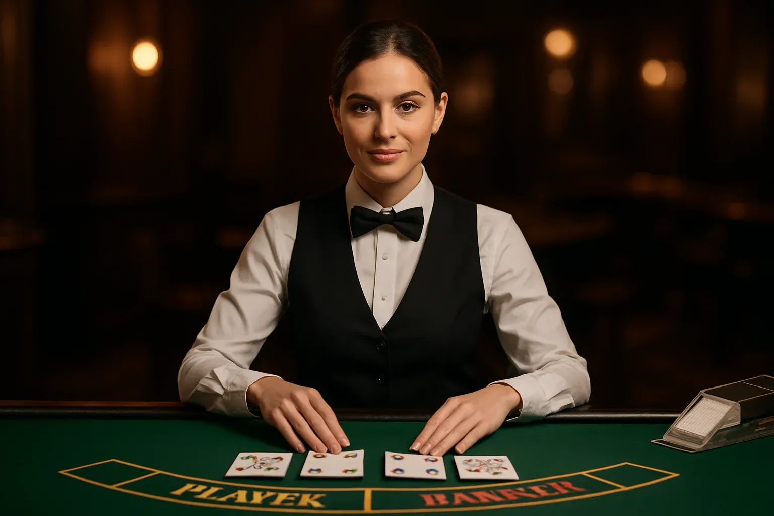 Elegant live dealer baccarat table with professional female dealer and green felt