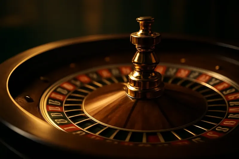 Close-up of live roulette wheel spinning under dramatic casino lighting