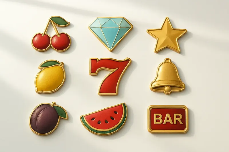 Assorted slot game icons with fruit, diamonds, lucky 7s, and stars