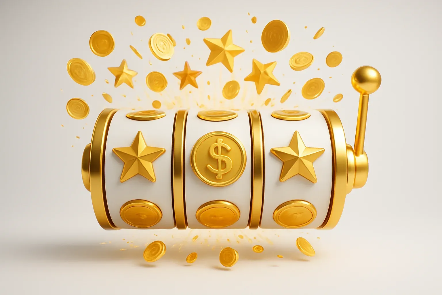 Colorful slot machine reels with gold symbols, coins and stars bursting outward